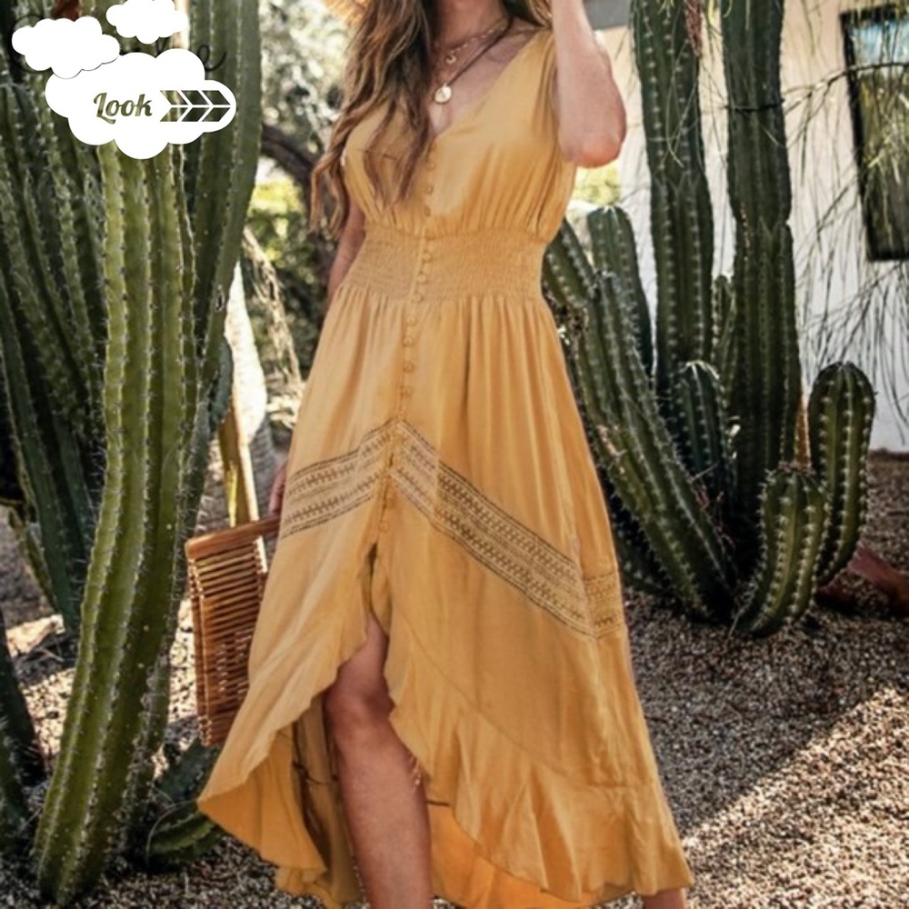 010 Boho Mustard Button down High Low Dress